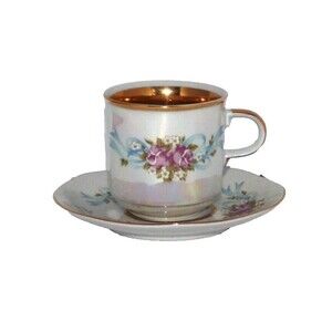 Vintage 1940's M Z Czechoslovakia China Teacup and Saucer Floral Trimmed in Gold